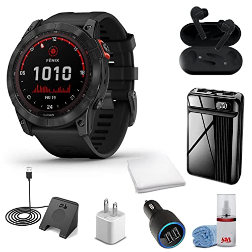 Garmin Fenix 7X Solar Edition Smart Watch Slate Gray with Black Band + Wireless Headphones + Watch Charging Stand + USB Car/Wall Adapter + More! (010-02541-00)