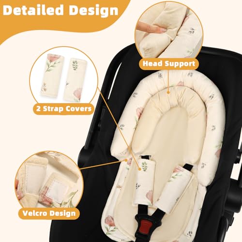 Image of SWESEN Infant Car Seat Insert & Strap Covers, Car Seat Head Support for Baby Girls Boys, 2 in 1 Soft Plush Car Seat Insert for Newborns, for Infants Aged 0-12 (Simple Floral)