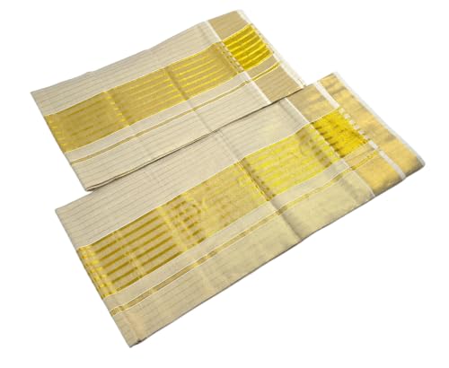 Image of Womens Kuthampully Set Mundu With Golden & Stripes Kara