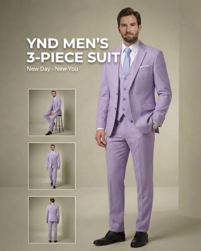Image of YND Men's 3 Piece Suit with Tie, Solid Color Slim Fit Jacket Vest and Pants
