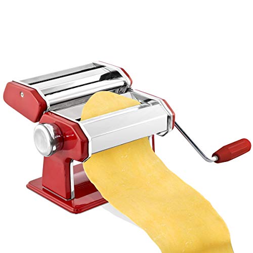 Gourmex Stainless Steel Manual Pasta Maker Machine | With Adjustable Thickness Settings | Perfect For Professional Homemade Spaghetti And Fettuccini | Includes Removable Handle And Clamp (Red) #TOP1