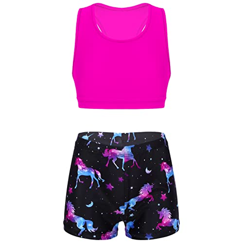 Kids Girls 2 Piece Gymnastics Dance Sports Outfits Racer Back Crop Top with Booty Shorts Swimsuit