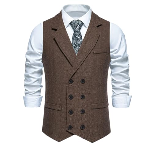 Men Vest Solid Color Herringbone Double Button With Lapel For Wedding Business Banquet Vest