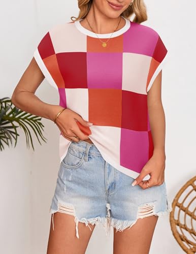 Image of ZESICA Women's Summer Trendy Knit Top 2026 Floral Print Short Sleeve Crewneck Loose Fit Sweater Vest Going Out Clothes