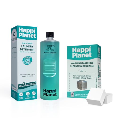Image of Happi Planet Organic Laundry Liquid Detergent 1L + Washing Machine Cleaner Tablets 8s | Floral Mist, Plant-Based Laundry Care | Removes Stains, Odour, Residue & Limescale | Front & Top Load