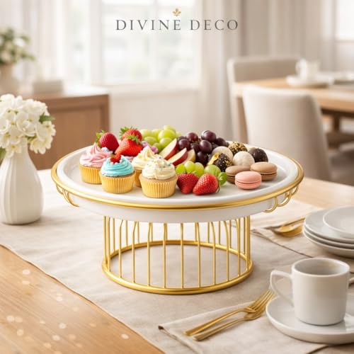 Image of Premium Metal Cake Stand with White Tray & Gold Finish Base | Elegant Dessert Stand for Cakes, Cupcakes, Pastries & Fruits | Decorative Serving Platter for Home, Parties & Gifting