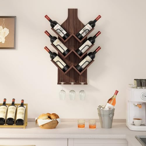 Image of Hoctieon Wine Rack Wall Mounted, 6 Bottles Wood Wine Rack for Display and Storage, Hanging Bottle Holder Bar Shelves for Living Room, Kitchen, Dining Room, Wine Cellar, Walnut