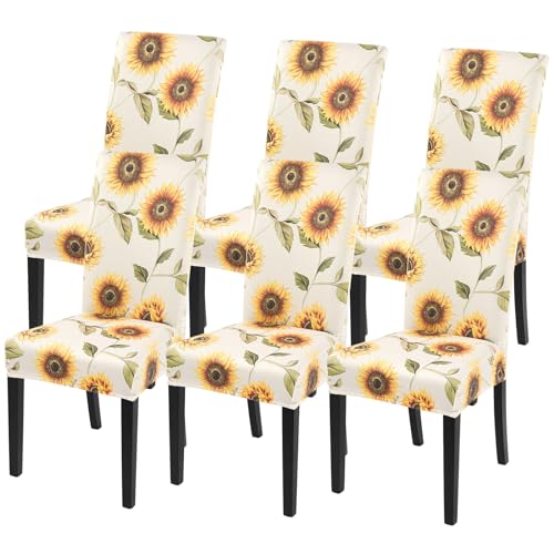 Image of SearchI Printed Dining Room Chair Covers Set of 6, Stretch Kitchen Chair Covers Washable Parsons Chair Slipcover Removable Dining Chair Protectors for Hotel,Ceremony(Sunflower)