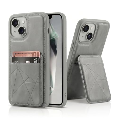 Image of amazon basics Premium Vegan Leather Back Cover with Card Holder and Integrated Mobile Stand for iPhone 15 - Slim Shockproof Wallet Case with Geometric Stitching [Gray]