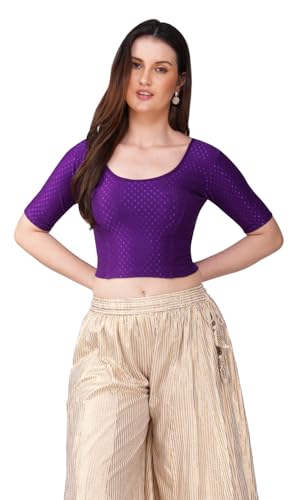 Image of Fressia Fabrics Pure Cotton 4-Way Stretch Readymade Blouse for Women | Free Size to 4XL Stretchable Round Neck Dobby Cotton Half Sleeve Readymade Saree Blouse for Women Stylish
