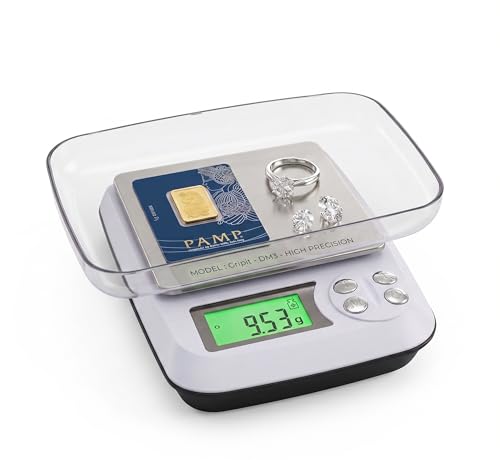 Image of Gripit Jewellery Weighing Scale 1000g x 0.01g - High Precision Digital Gold Weight Machine with Backlit LCD Display for Shops, Labs & Kitchens, Stainless Steel Platform (White)