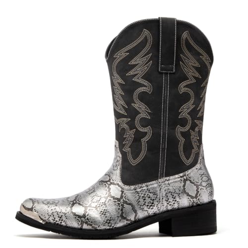 Mens Monty Print Pointed Toe Pull On Casual jackboots Mid Calf，Western Cowboy Boots, Snake Print Design, Embroidered Shaft2