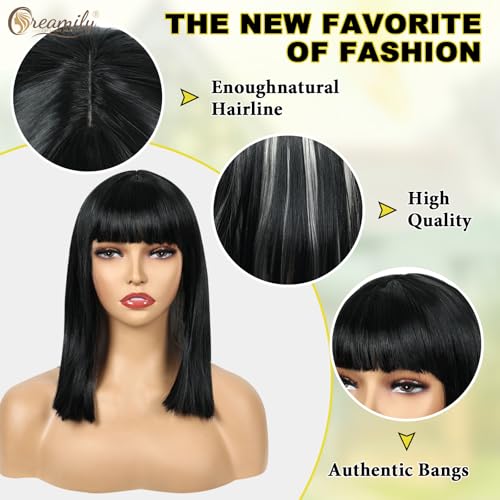 Image of Creamily Short Hair Wig for Women Full Head, Bob Cut Wigs with Bangs for Women, Hightlight Black Mix Grey Straight Ladies Wigs Natural Hair Full Head (Black,14 inches)