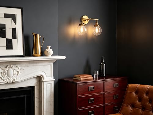 Image of Phansthy Vintage Wall Sconce with Switch, 180 Degree Adjustable Hardwired Bathroom Vanity Light, Industrial Wall Light with 5.9 inch Globe Glass Shade for Living Room Kitchen (Antique Gold, 2-Light)