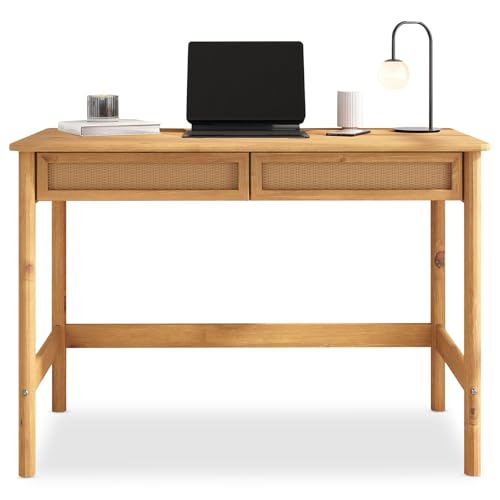 IDIMEX Bureau Rodrigo Droit H 76 cm en Bois Massif Coloris chêne avec Rangement 2 tiroirs, idéal pour Le télétravail, Design Moderne Robuste et Fonctionnel...