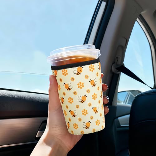 Image of Reusable Insulated Sleeve for Iced Coffee Cup, 3-Pack Coffee Neoprene Drink Sleeve for Cold & Hot Drinks, Beverage Holder for Iced Coffee (Honey Bees)