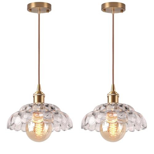 LIGKIN Juego de 2 Lámparas Colgantes Vintage Lustre Industrial E27 Lámpara de Flores Creativa con Pantalla de Vidrio, Lámpara de Techo Decorativa para Cocina, Comedor, Dormitorio