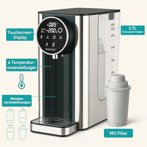 Foto von Heinrich´s Heißwasserspender-Heißes Wasser auf Knopfdruck zwischen 40°-100°C,Wassermenge 100ml-400ml auswählbar, für Babynahrung geeignet, Inkl.Reinigunsfunktion+Filter, Touch-Display, 2.7