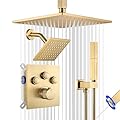 SHOYELA Thermostatic Shower System Brushed Gold, Push Button Diverter Shower Faucet with 2 in 1 Handheld, Ceiling Mount 12 Inch Shower Head with 6 Inch Wall Mount Shower Head