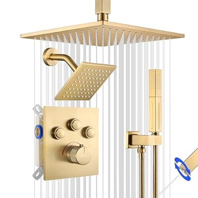 SHOYELA Thermostatic Shower System Brushed Gold, Push Button Diverter Shower Faucet with 2 in 1 Handheld, Ceiling Mount 12 Inch Shower Head with 6 Inch Wall Mount Shower Head