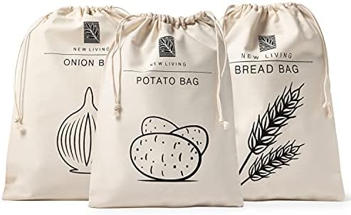 Premium Linen Cotton Food Storage Bag Bundle | 26 * 38CM | Bread Bag, Potato Bag & Onion Bag | Organic Linen Cotton Material | Eco Product | by New Living | Food Storage Bag