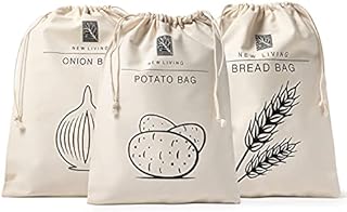 Premium Linen Cotton Food Storage Bag Bundle | 26 * 38CM | Bread Bag, Potato Bag & Onion Bag | Organic Linen Cotton Material | Eco Product | by New Living | Food Storage Bag