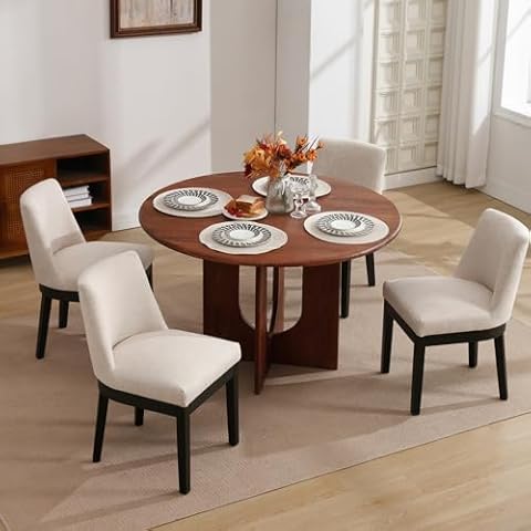 Wahson Modern Dining Chairs with Black Wood Legs, Set of 4 Linen Upholstered Dining Chairs with Curved Backrest, Accent Side Chairs for Living Room/Bedroom/Dining Room, Beige Cover