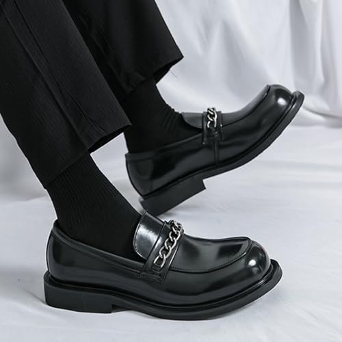Men's Leather Metal Chain Low Block Heel Loafers Retro Wide Round Toe Comfortable Slip-on Non-Slip Dress Shoes for Wedding Business Party Driving Casual4