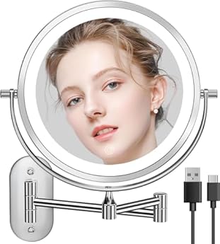 Foto di Auxmir Specchio Trucco con Ingrandimento 20X/1X, Specchio da Parete a 54 LED 3 Colori di Luce, Specchio Estensibile, Rotazione a 360°, Alimentato da Batterie Ricaricabile 3200mAh, per Bagno Hotel Spa