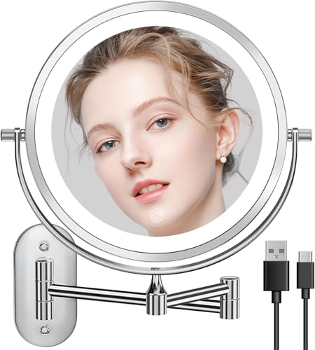 Auxmir Specchio Trucco con Ingrandimento 20X/1X, Specchio da Parete a 54 LED 3 Colori di Luce, Specchio Estensibile, Rotazione a 360°, Alimentato da Batterie Ricaricabile 3200mAh, per Bagno Hotel Spa