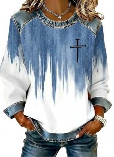 Christian Sweatshirts for Women Faith Cross Shirt Vintage Color Block Tops Denim Patchwork Pullover Casual Jean Wear (01, 3XL)