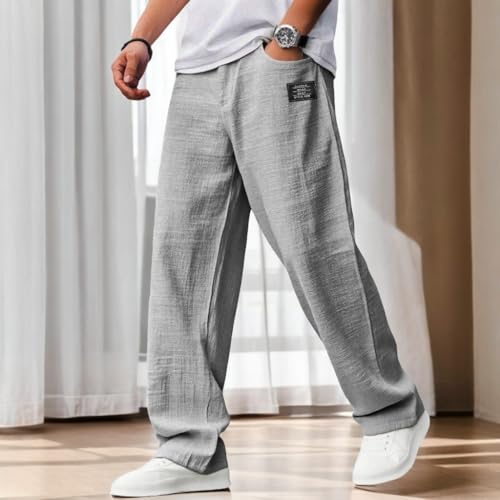 Mokaloha Mens Pants, New Men's Casual Hemp Fabric Embroidered Logo Drawstring Loose Elastic Waist Pocket Trousers2