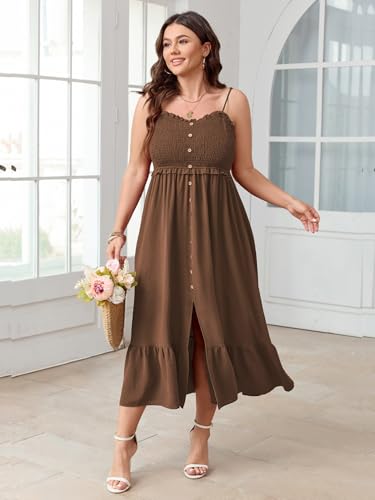 SCOMCHIC Womens Plus Size Summer Dresses Sleeveless Spaghetti Strap Button Down Smocked Beach Long Maxi Dress with Slit4