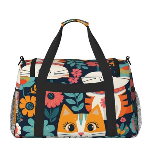 Funny Cats Birds and Flowers Print Travel Duffle Bag - Foldable Personal Item Travel Bag for Women & Men,13x10.2x19.72