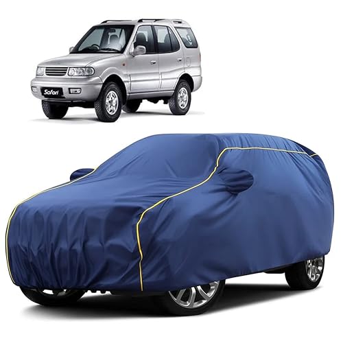 Image of Sulfar 100% Water Resistant Car Body Cover Compatible with Mirror for Tata Safari Dicor (Triple Stitched, Full Bottom Elastic, Blue Taffeta with Yellow Piping)