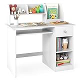 GOPLUS Bureau Enfant Fille Garcon 3-6 Ans, 3 en 1 Bureau Enfant avec Rangement, avec 1 Tiroir 2 Étagères, Table Enfant en Bois avec Plateau à Clavier, 90x45x90CM (Blanc)