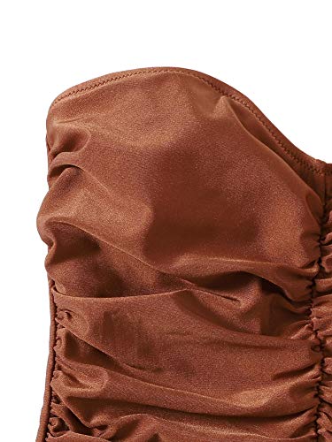 Sweatyrocks Women's Bandeau One Piece Swimsuit Tie Front Tummy Control Bathing Suits Brown L #TOP4