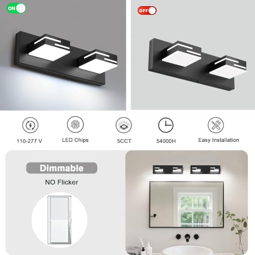 Image of LED Modern Bathroom Vanity Light Fixtures, Dimmable Matte Black Vanity Lights for Bathroom Lighting Fixtures Over Mirror, with 360 Rotatable Acrylic Heads 2-Light 16-inch 5CCT