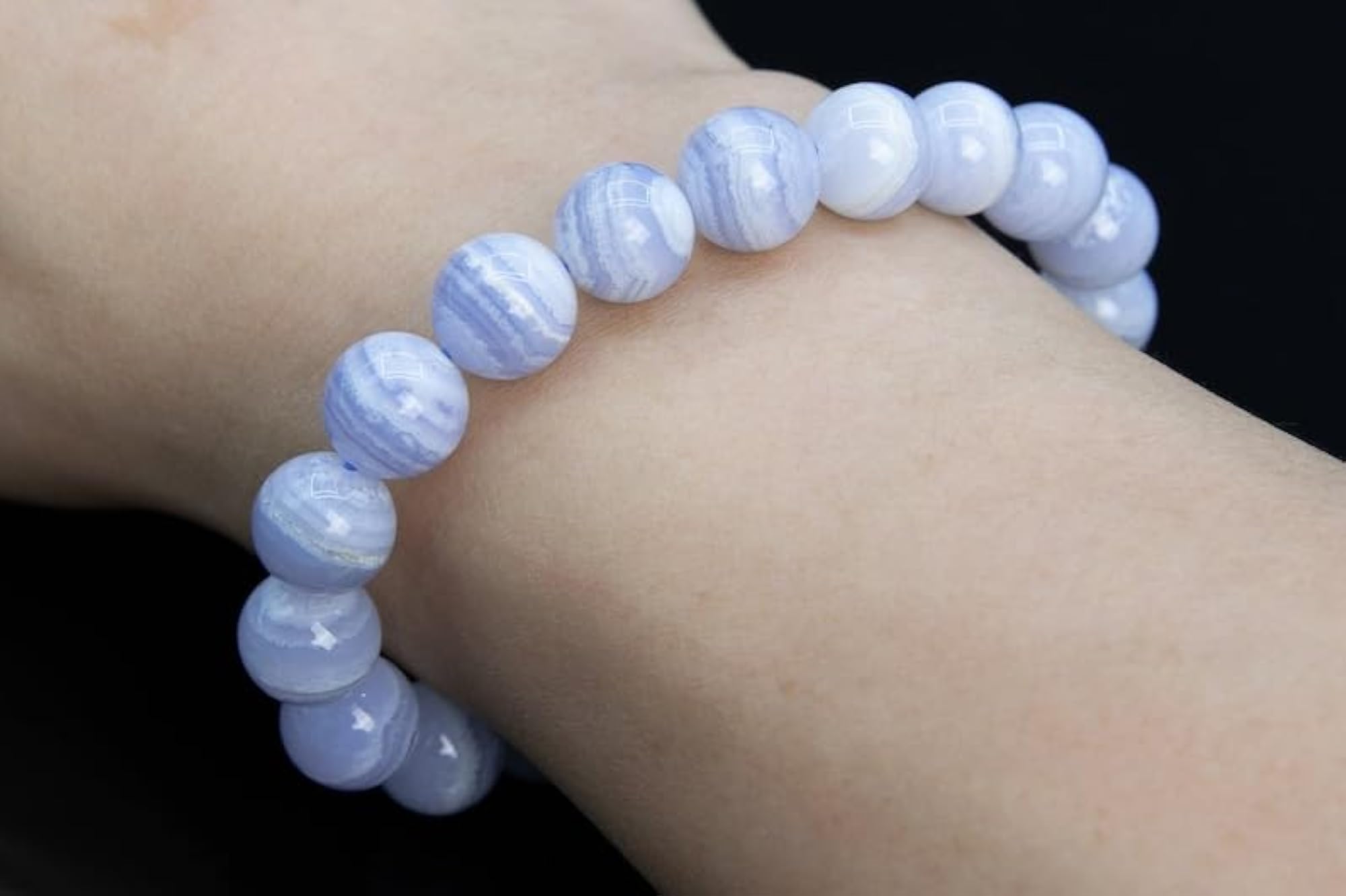 Natural Blue Lace Agate 12mm Smooth Cut Beads Stretch Bracelet