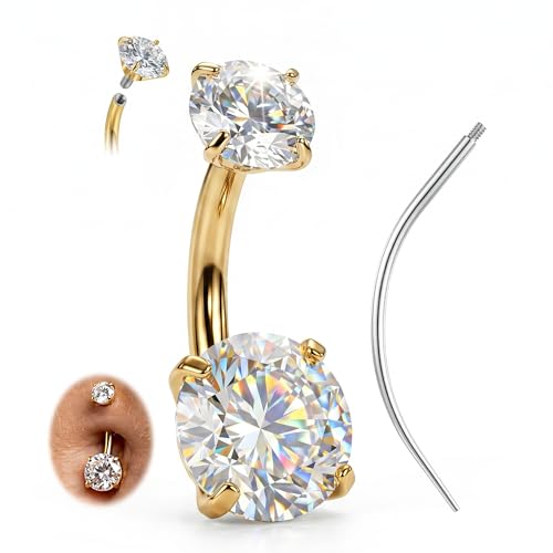 AceFun Gold Belly Button Bars 14G G23 Titanium Belly Piercing Bar Externally Threaded Navel Piercing Jewelry with CZ Stone 1.6mm x 8mm Belly Rings for Women Men Sensitive Skin