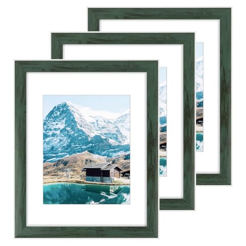 Golden State Art, 11x14 Picture Frame with Mat for 8x10 Picture - Engineered Wood Rustic Photo Frame Gallery Wall Frames - Shatter Resistant Plexiglass (Green, Set of 3)