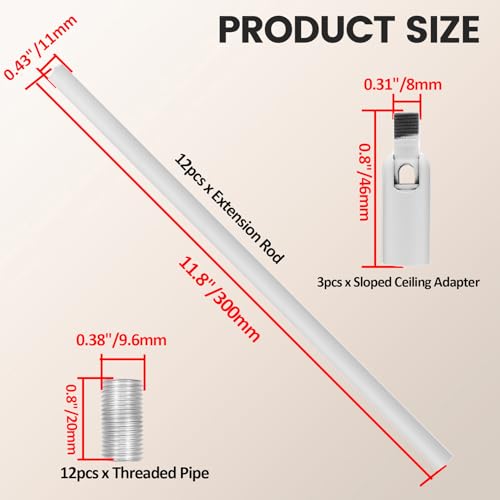 Antrader M10 Threaded Extension Rod 12pcs Lighting Fixture Stems with 3pcs 180 Degree Sloped Ceiling Adapters for Pendant Light, Light Fixture Parts Replacement 12-inch Length Polished White by Antrader - Image 2