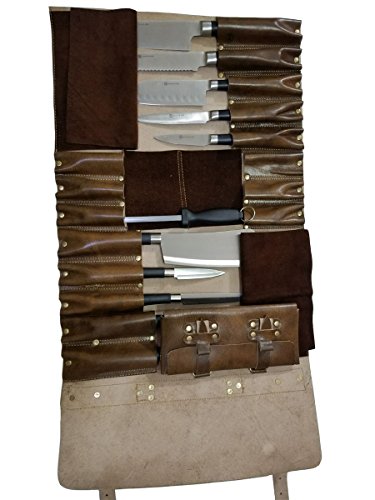 Genuine Lightweight Premium Leather Professional Antique Brown Chef Knife Bag/Chef Knife Roll 16 Slots Space #K3 #TOP1