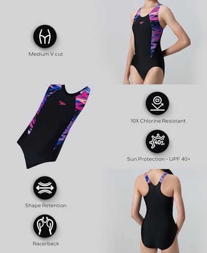 Image of Speedo Girl's Endurance10 Hyperboom Print Splice Racerback V-Cut One Piece Swimsuit | Swimming Costume for Girls | Shape Retention Fabric | UPF 40+ Sun Protection | Chlorine Resistance