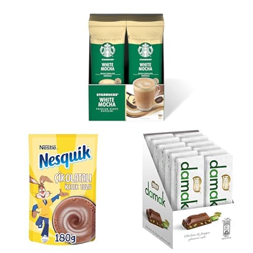 Starbucks White Mocha Premium Kahve Karışımı 10x24 g x 2, Nesquik Çikolatalı İçecek Tozu 180 Gr x 1, Nestlé Damak Antep Fıstıklı Sütlü Çikolata Baton 30 g x 12 Adet x 1