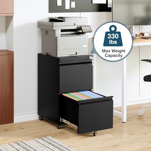 MIIIKO 2 Drawer File Cabinet on Wheels, Home Office Mobile File Drawers Under Desk, Filing Cabinets with Drawers for Legal/Letter/A4 File Folders(Black),Un-Assembled