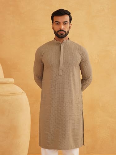 Image of Sojanya (Since 1958 Men'S Geometric Embroidered Thread Work Cotton Straight Long Kurta