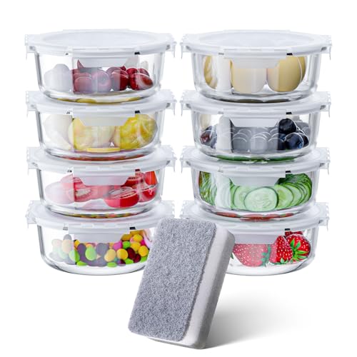 HOPERSIST 8 recipientes redondos de vidrio con tapas, recipientes de vidrio fresco para preparación de comidas, tapas herméticas de bloqueo a presión, recipientes de almacenamiento de alimentos de