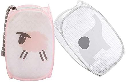 ZENKY 2 Pack Collapsibe Laundry Basket, Cute Girl Laundry Hamper, Large Handy Pop-Up Mesh Dirty Clothes Bag with Pocket&Handles for Kids Rooms, Nursery, Dorm and Travel Camping, Grey&Pink, ZK02
