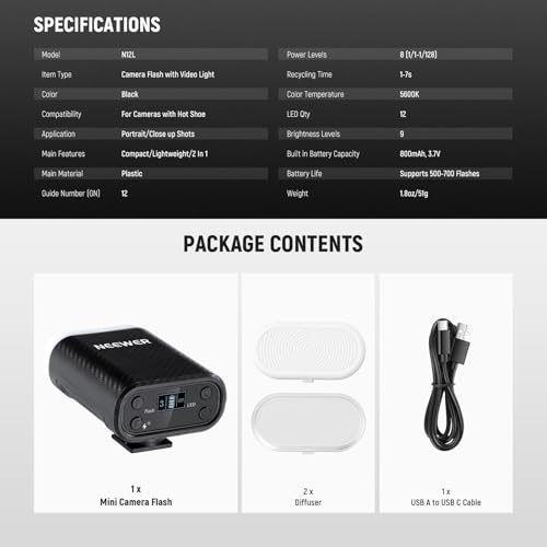 Image of NEEWER N12L Entry Level Version Mini Camera Flash with LED Video Fill Light & LCD Display, 800mAh, Works with Canon /Fujifilm /Sony /Nikon DSLR Standard Hot Shoe Cameras for Studio Shoots